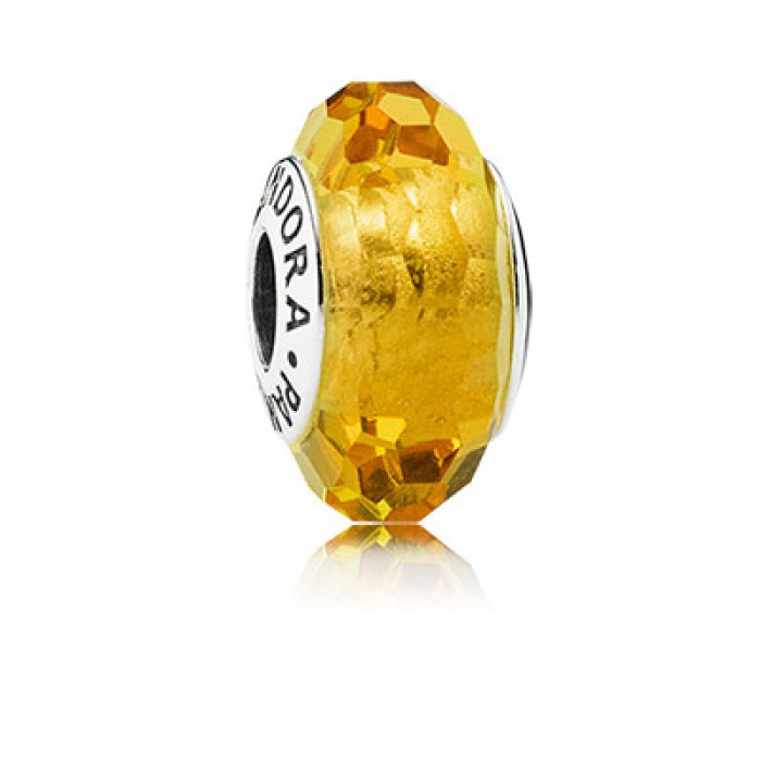 Pandora Jewelry Abstract Faceted Silver Charm With Golden Coloured Murano Glass