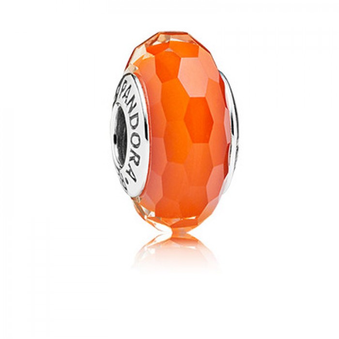 Pandora Jewelry Abstract Faceted Silver Charm With Orange Murano Glass