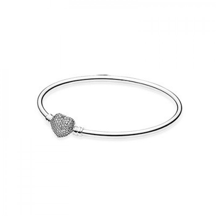 Pandora Jewelry Silver Bangle With Heart-Shaped Clasp And Cubic Zirconia