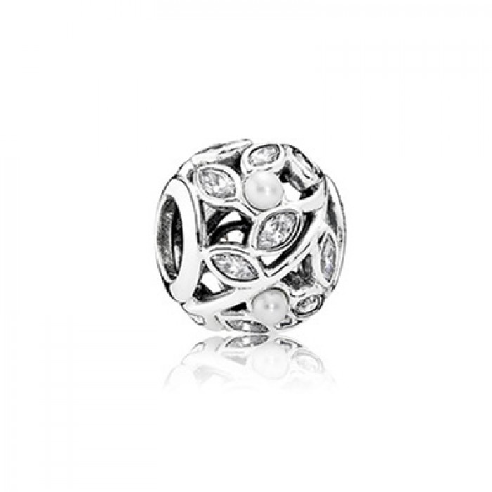 Pandora Jewelry Openwork Leaves Silver Charm With Pearl And Clear Cubic Zirconia