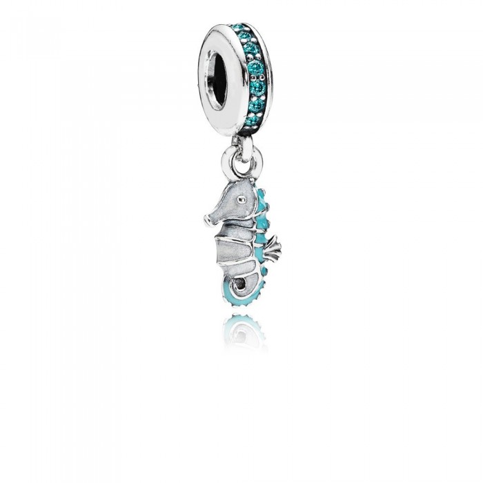 Pandora Jewelry Seahorse Silver Dangle With Teal Cubic Zirconia-Silver And Turquoise Enamel