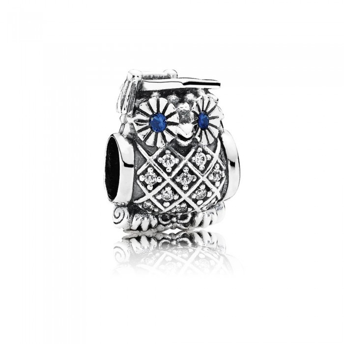 Pandora Jewelry Owl Silver Charm With Swiss Blue Crystal And Cubic Zirconia