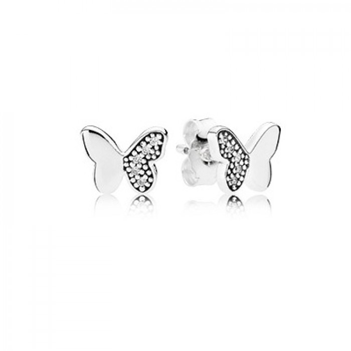 Pandora Jewelry Butterfly Silver Stud Earrings With Clear Cubic Zirconia