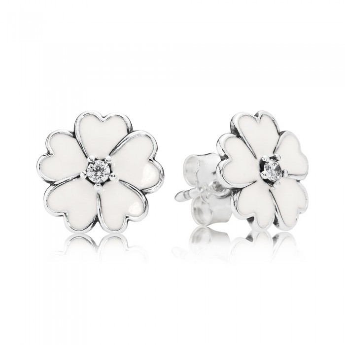 Pandora Jewelry Primrose Silver Stud Earrings With Cubic Zirconia And White Enamel