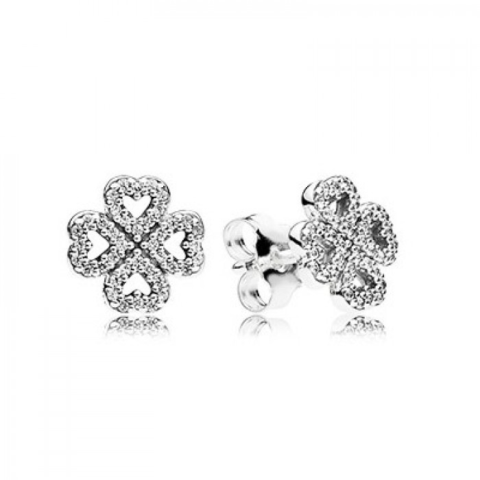Pandora Jewelry Heart Clover Silver Stud Earrings With Clear Cubic Zirconia