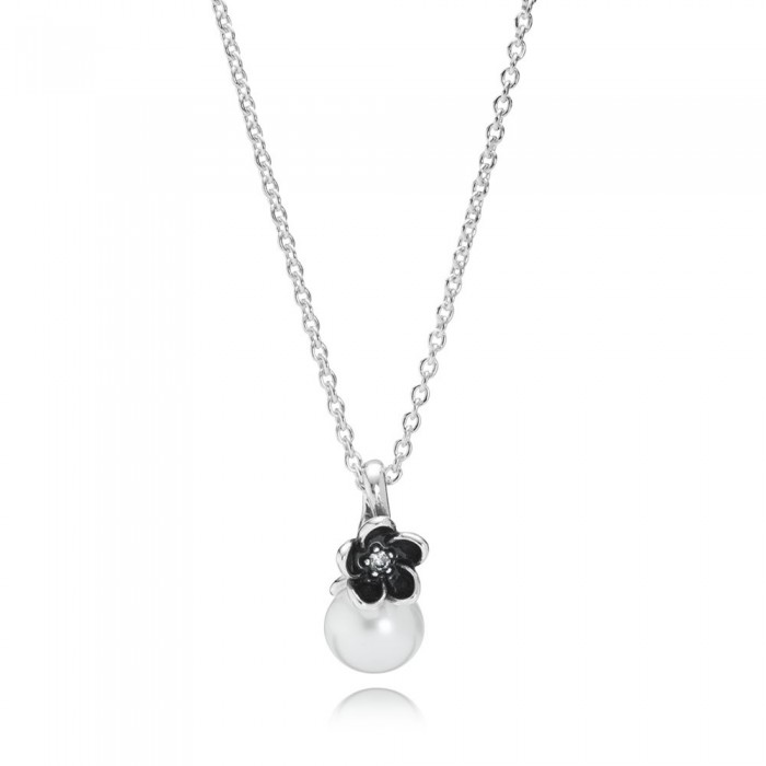 Pandora Jewelry Floral Silver Pendant With White Freshwater Cultured Pearl-Cubic Zirconia-Black Enamel And Necklace