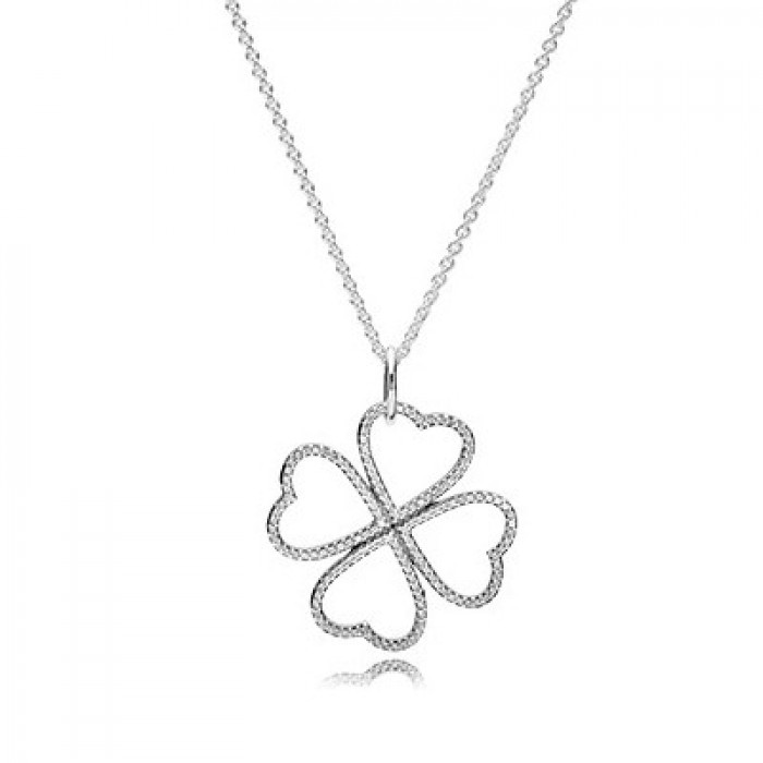 Pandora Jewelry Heart Clover Silver Pendant With Clear Cubic Zirconia And Necklace