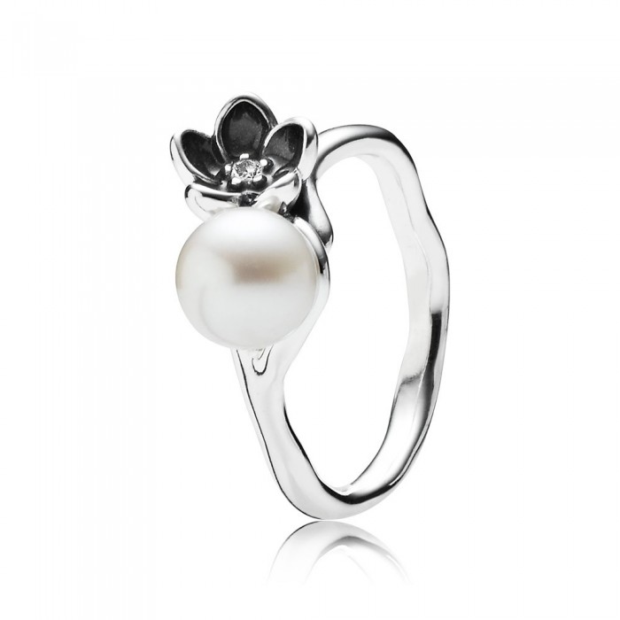 Pandora Jewelry Mystic Floral-White Pearl-Clear Cz & Black Enamel Ring