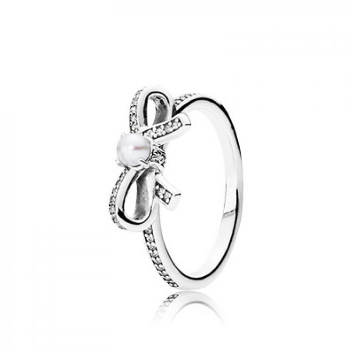 Pandora Jewelry Bow Silver Ring With Pearl And Clear Cubic Zirconia