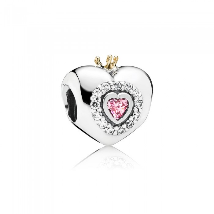 Pandora Jewelry Heart Silver Charm With 14K Crown-Pink And Clear Cubic Zirconia