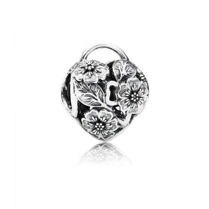 Pandora Jewelry Openwork Floral Heart Padlock Silver Charm