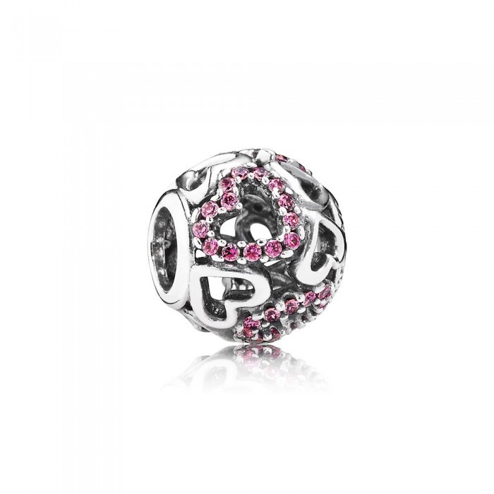 Pandora Jewelry Openwork Hearts Silver Charm With Fancy Pink Cubic Zirconia