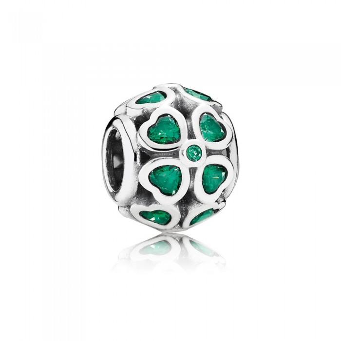 Pandora Jewelry Clover Silver Charm With Dark Green Cubic Zirconia